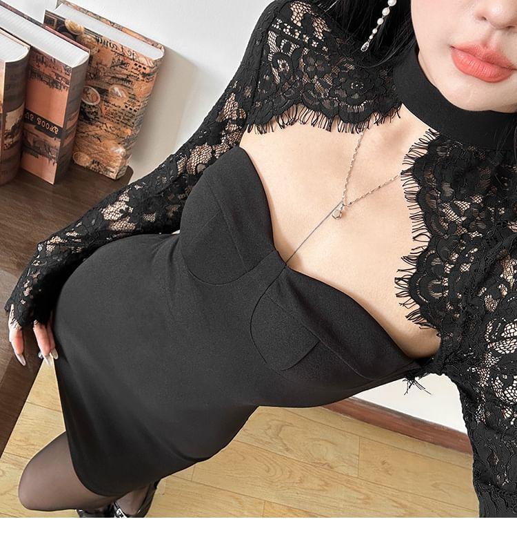 Long-Sleeve Plain Lace Panel Mini Bodycon Dress Product Image