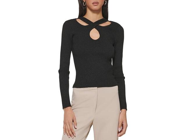 DKNY Long Sleeve Rib Lurex Cutout Sweater Women's Clothing Product Image