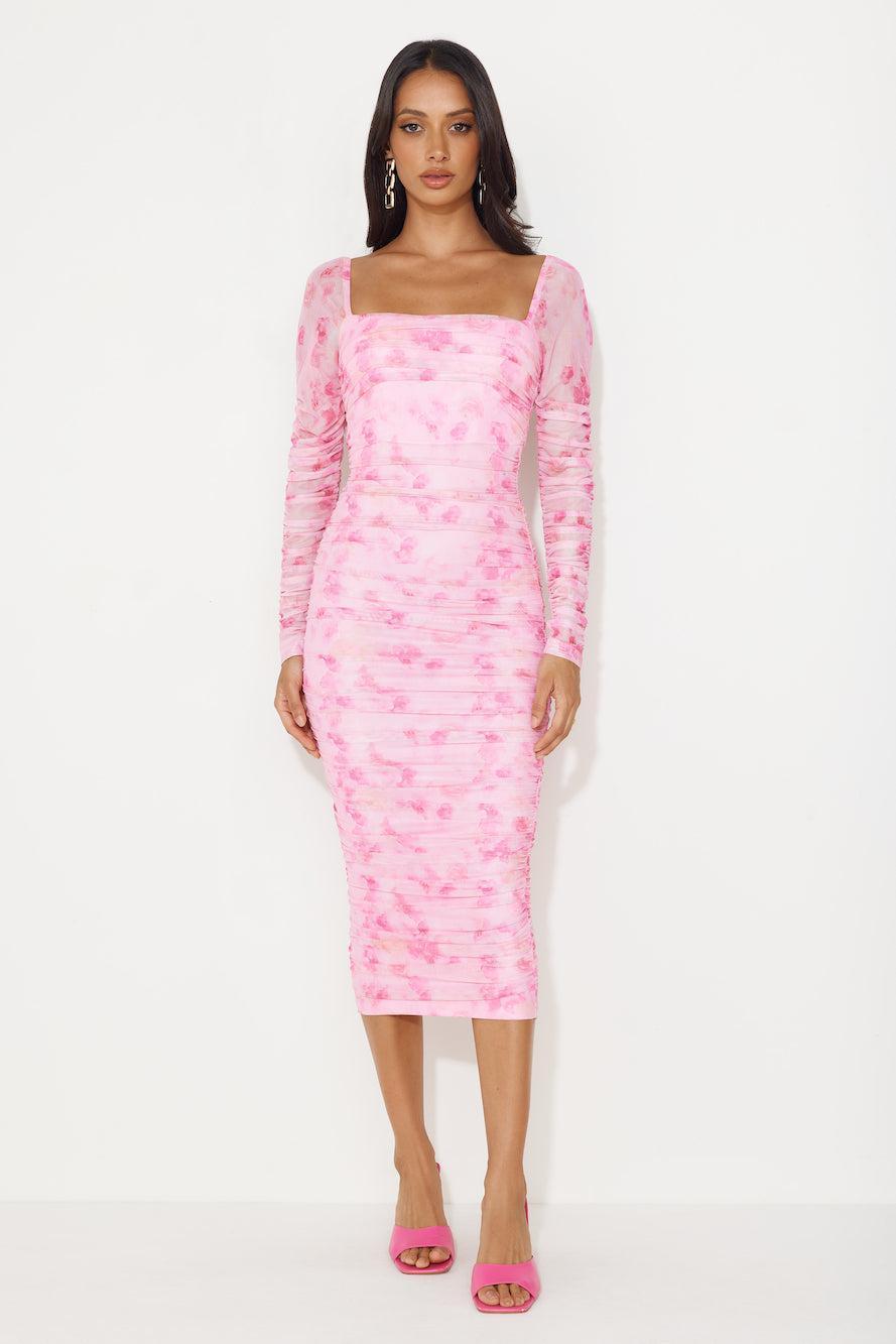 Hey There Gorg Long Sleeve Mesh Midi Dress Pink Product Image