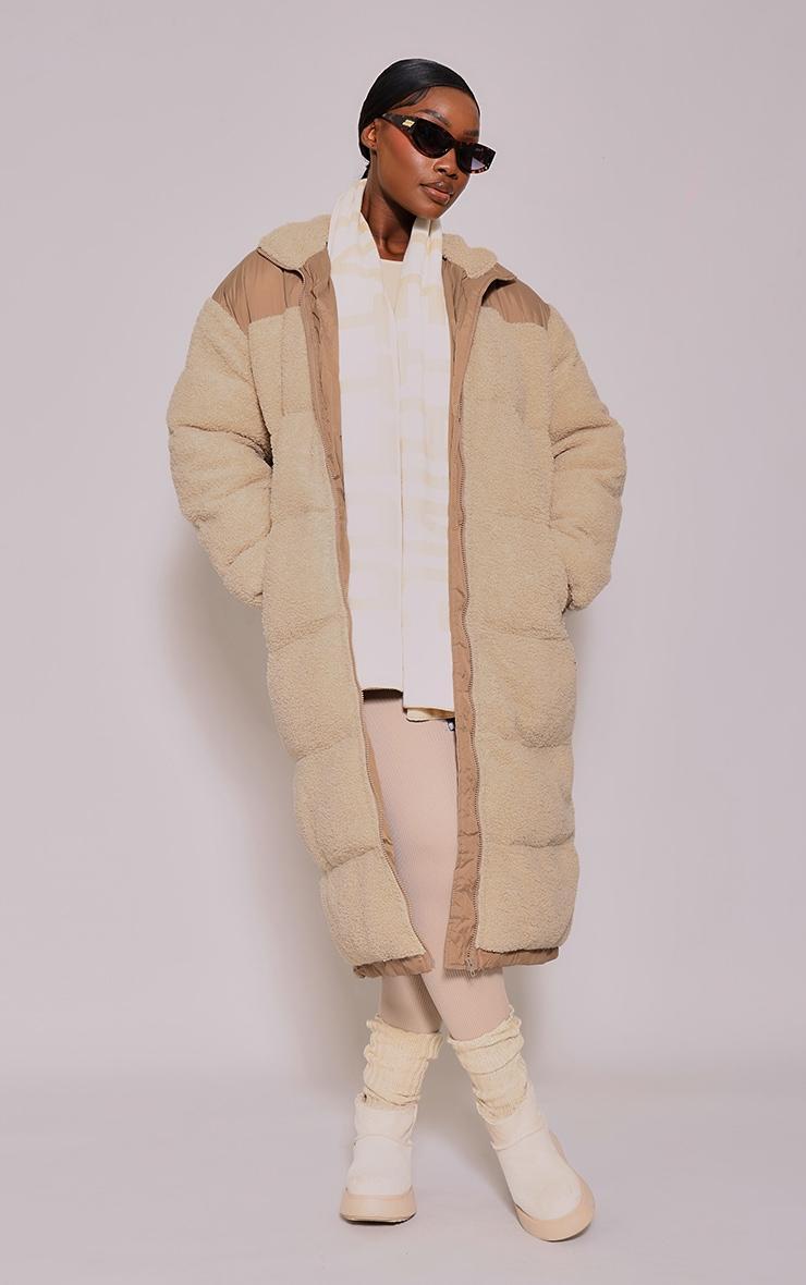 Plus Beige Contrast Borg Maxi Puffer Coat Product Image