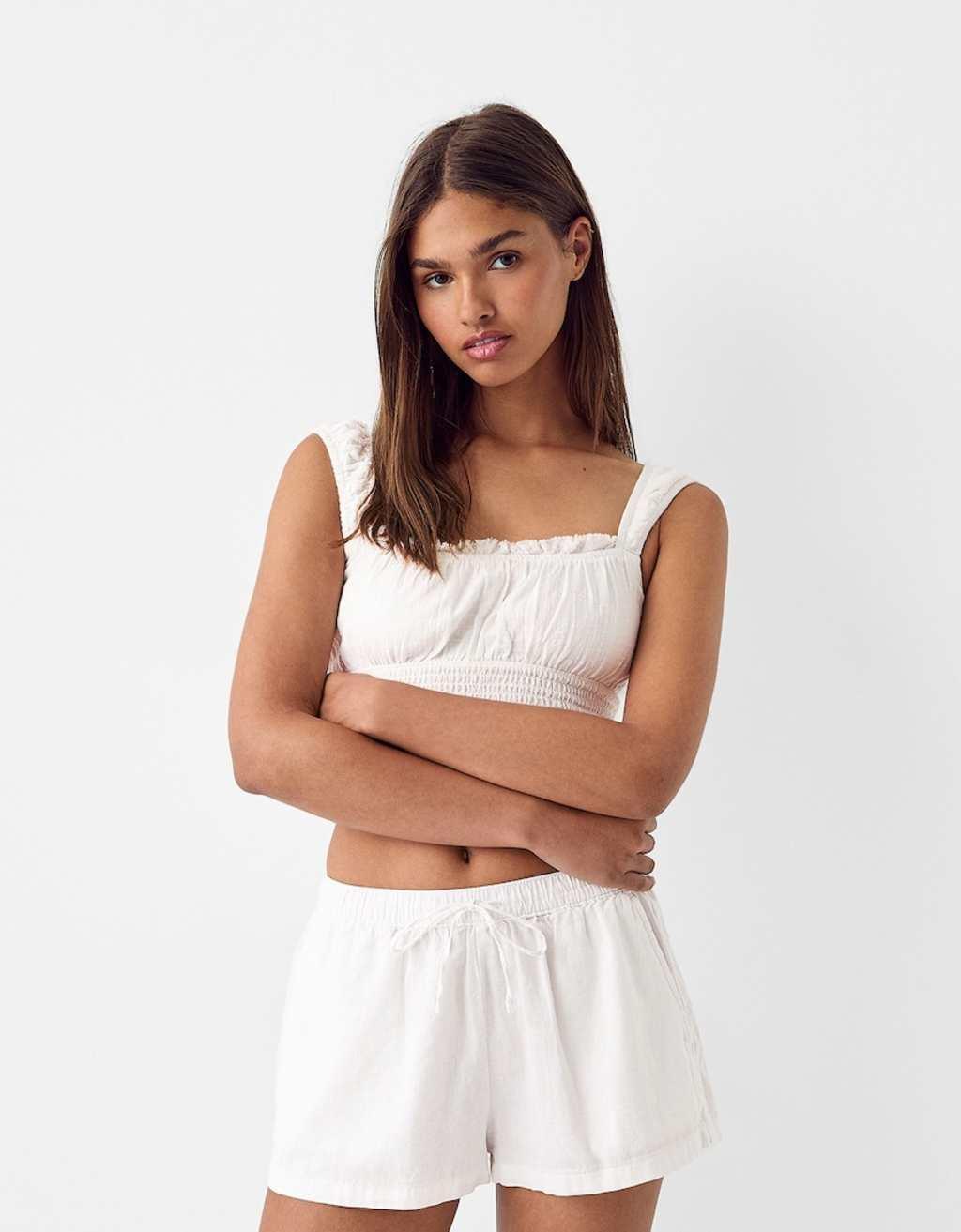 Bershka linen look tie waist shorts in white Product Image