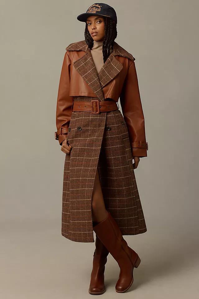 Avec Les Filled Plaid Faux-Leather Belted Trench Coat Product Image