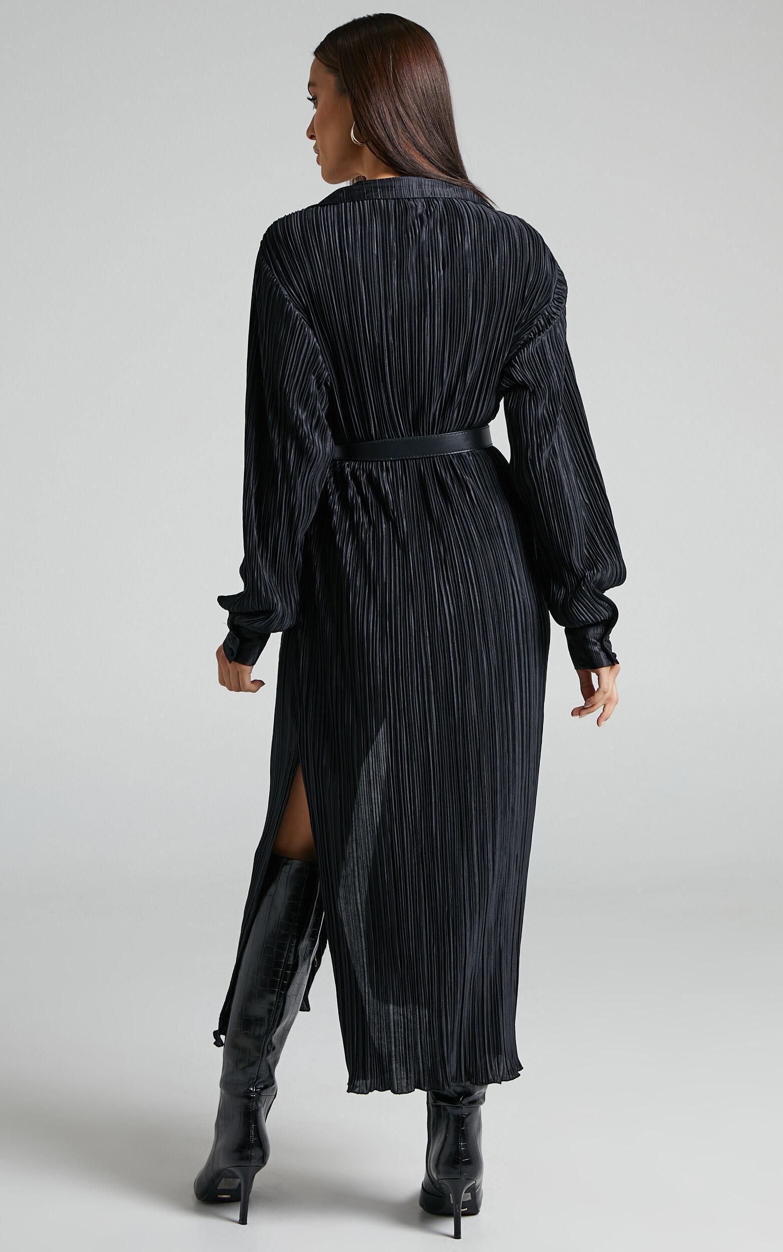 Donelli Midi Dress - Plisse Oversized Collared Shirt Dress in Black Product Image