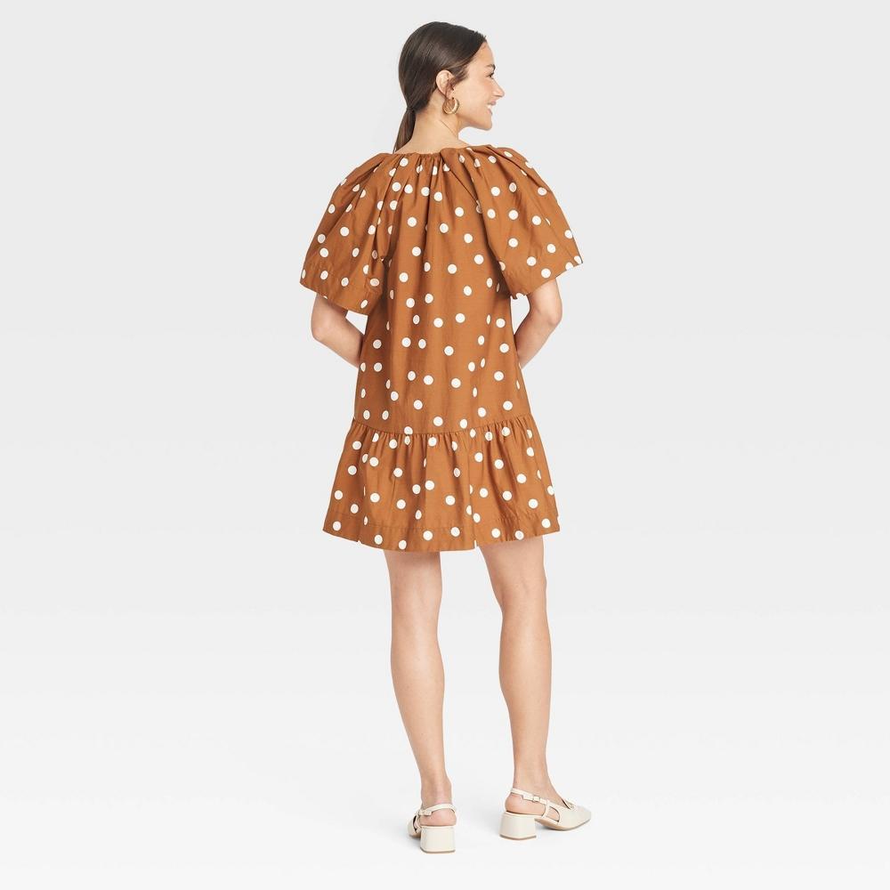 Women's Flutter Short Sleeve Mini Poplin Dress - A New Day™ Brown Polka Dots L Product Image