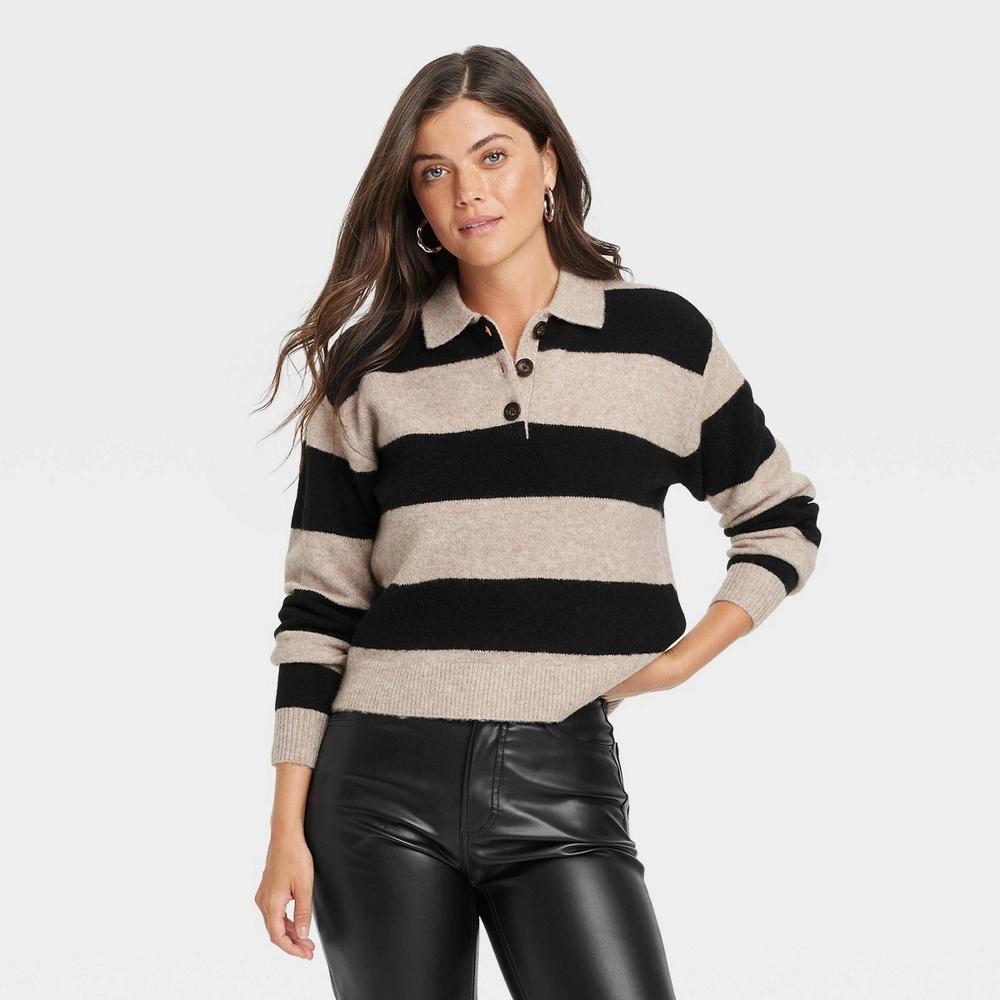 Womens Collared Pullover Sweater - Universal Thread Tan/Black Striped XL Product Image