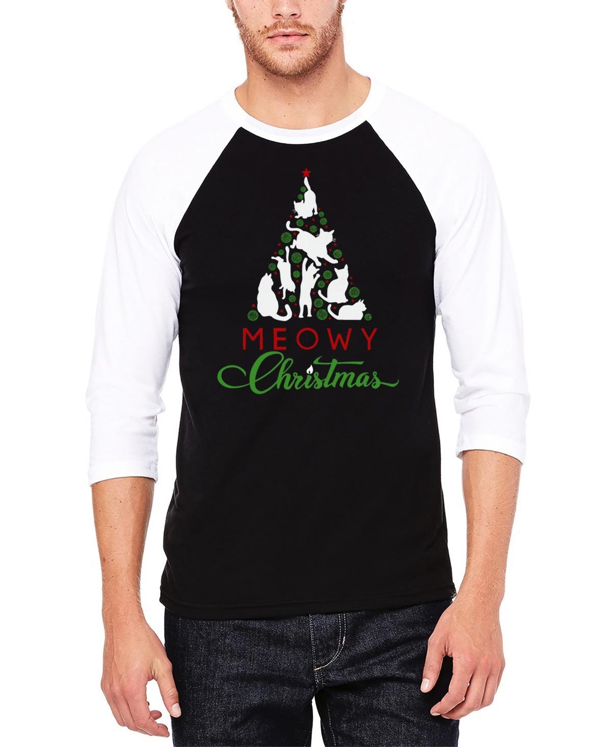 La Pop Art Mens Meowy Christmas Tree Raglan Baseball Word Art T-Shirt - Black Product Image