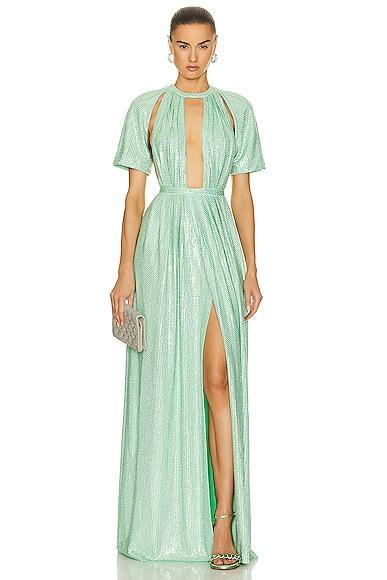 AREA Crystal Embellished Flutter Sleeve Gown Mint. (also in M). Product Image