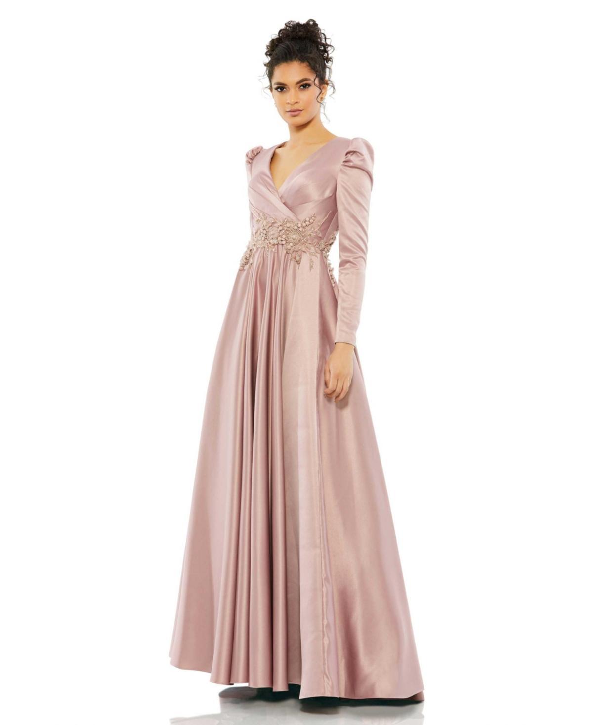 Womens Satin Long Sleeve V Neck A Line Gown Product Image