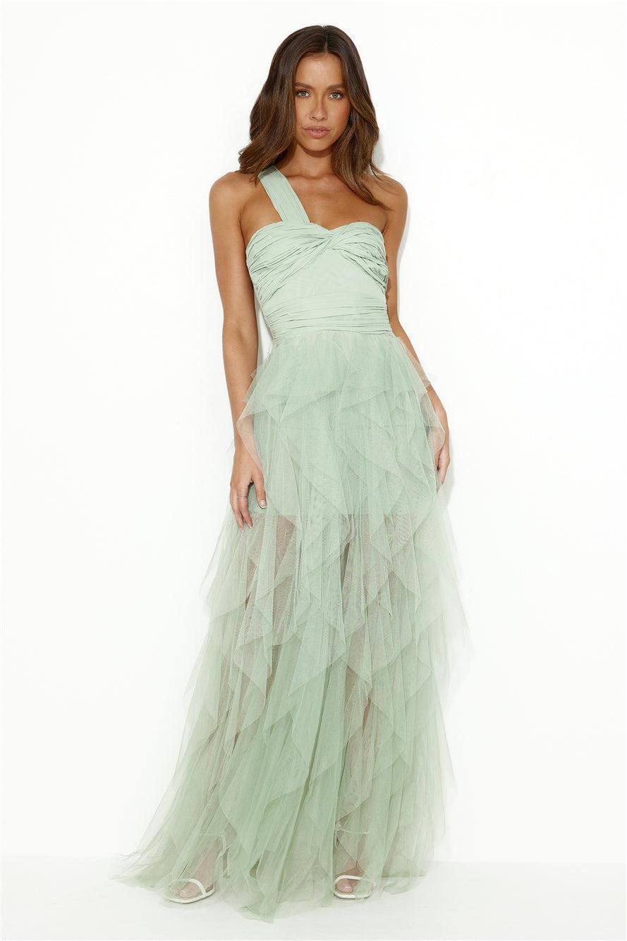 Extravagance Is Me One Shoulder Tulle Maxi Dress Sage Product Image