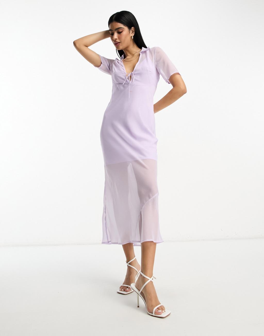 ASOS DESIGN chiffon short sleeve collar midi dress in pale lilac Product Image