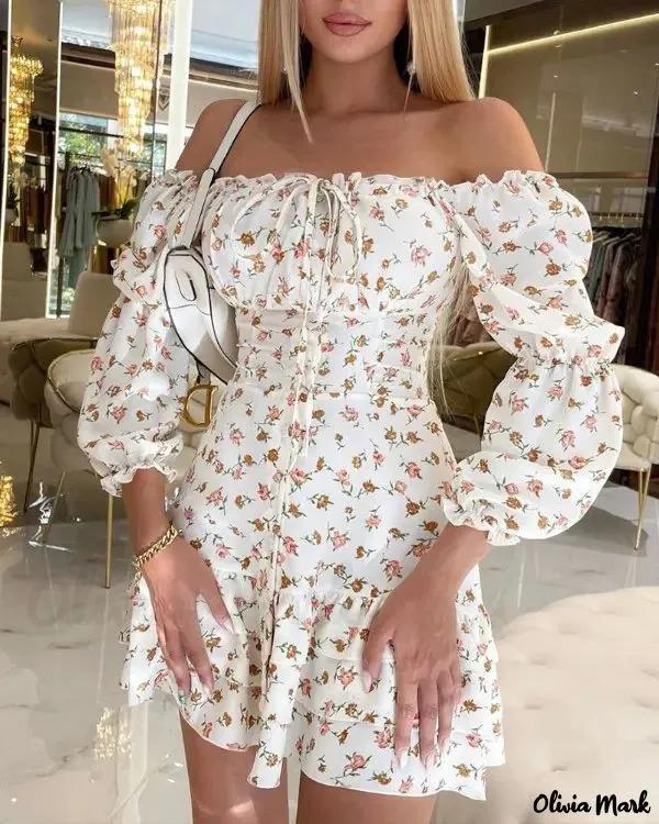 Olivia Mark – Off-the-Shoulder Ruffled Hem Floral Print Dress Product Image