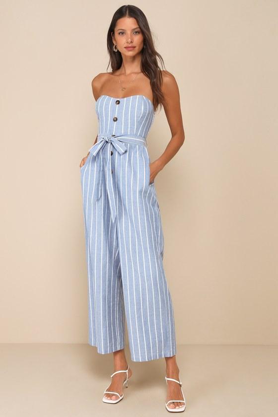 Sunny Day Classic Blue and White Striped Strapless Jumpsuit Product Image