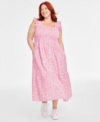 Trendy Plus Size Cheerful Flower-Print Cotton Smocked Midi Dress, Created for Macy's product image