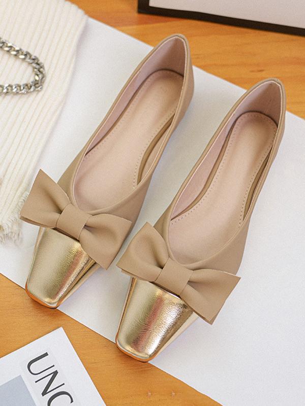 Bowknot Contrast Color Shallow Cut Split-Joint Square-Toe Flats Product Image