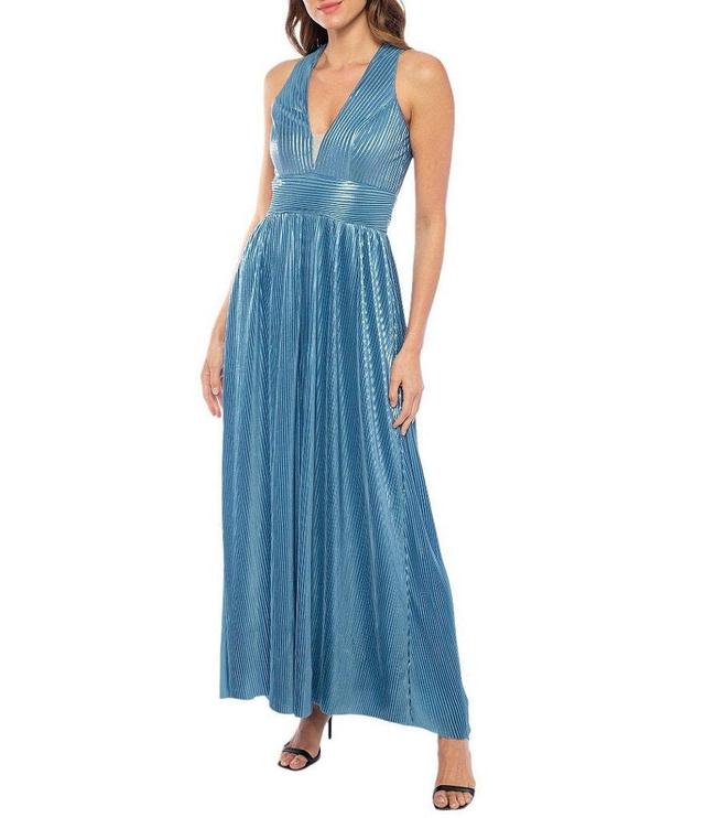 Marina Halter V-Neck Sleeveless Foil Pleated Gown Product Image