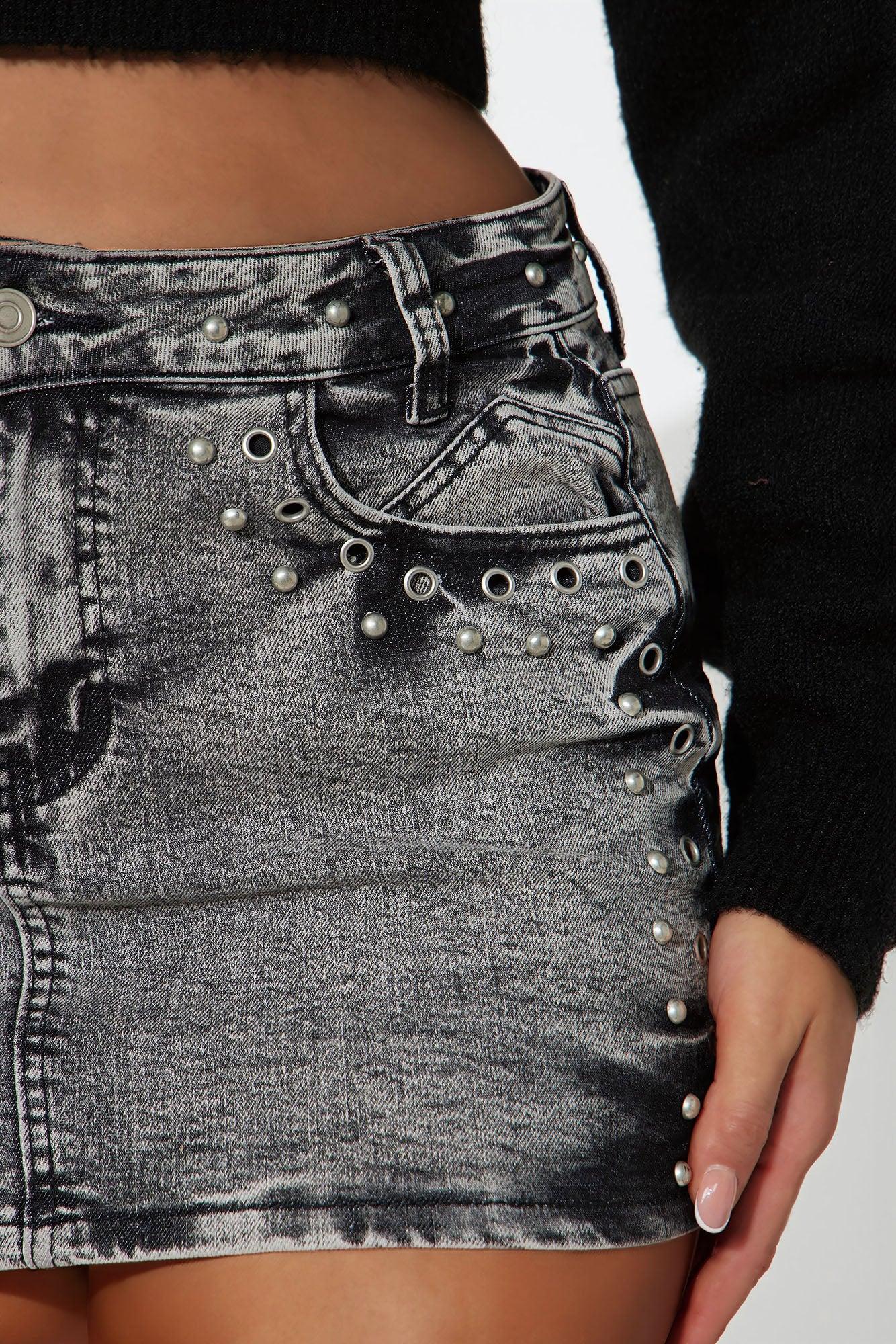 Meet Me Downtown Studded Denim Mini Skirt - Grey Product Image