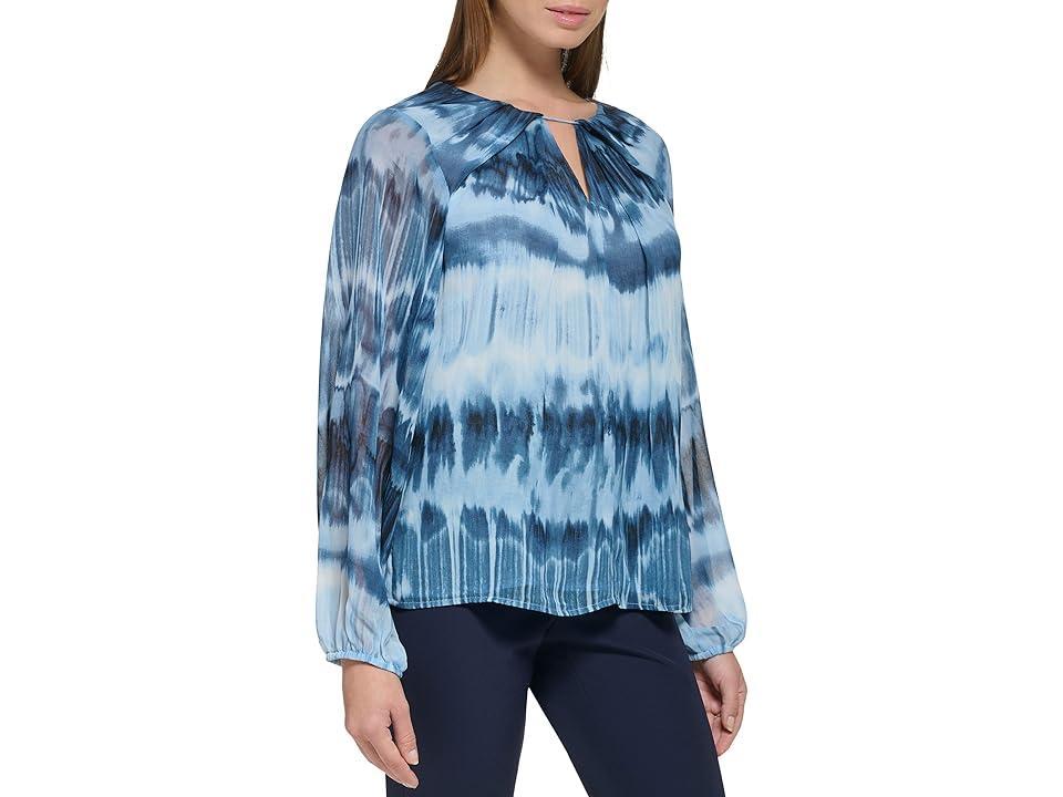 Calvin Klein Printed Shirred Front Long Sleeve (Dusk/Black) Women's Clothing Product Image