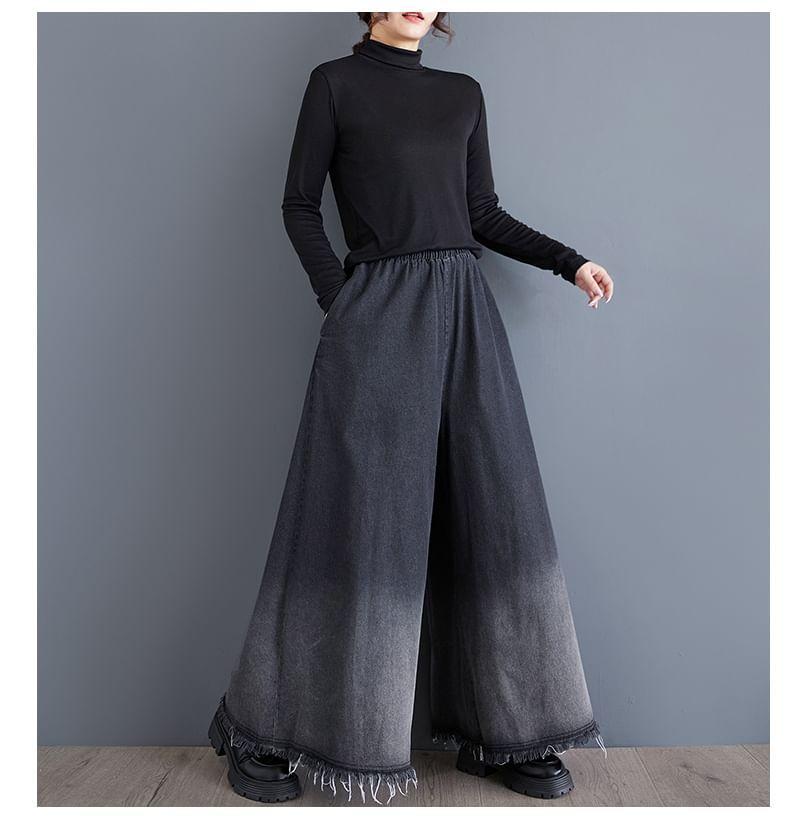 Elastic Waist Gradient Washed Frayed Wide Leg Jeans Product Image