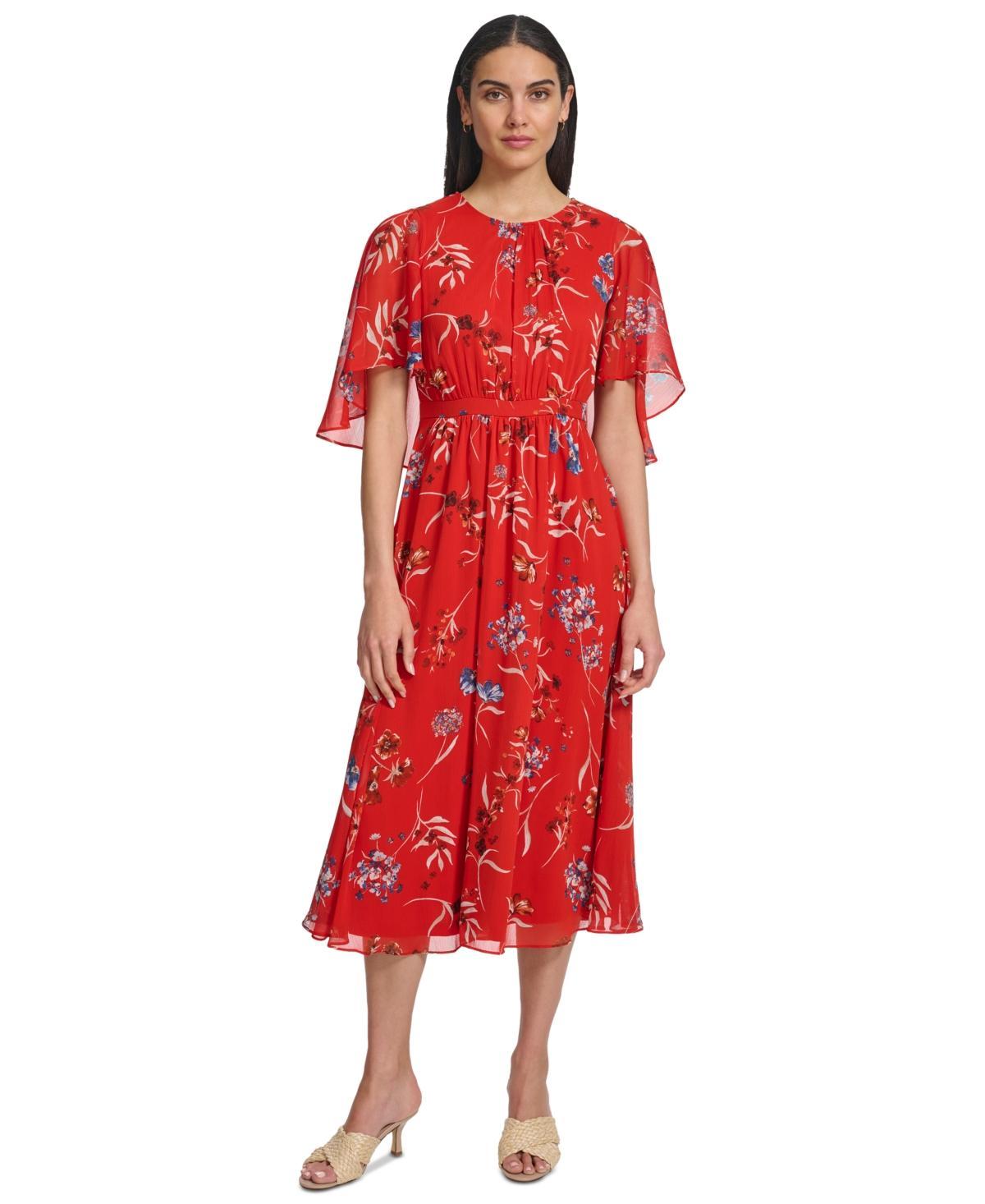 Calvin Klein Womens Floral-Print Draped-Sleeve Dress Product Image