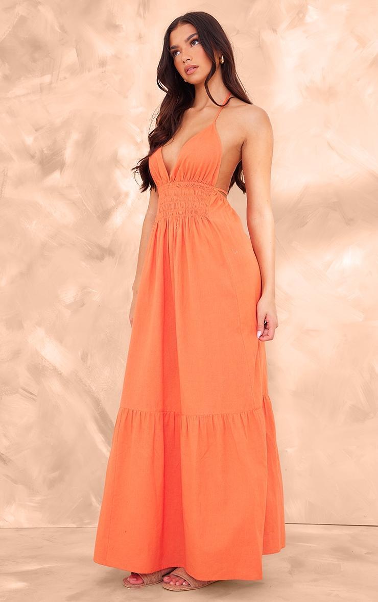 Bright Orange Linen Look Plunge Strappy Backless Maxi Dress Product Image