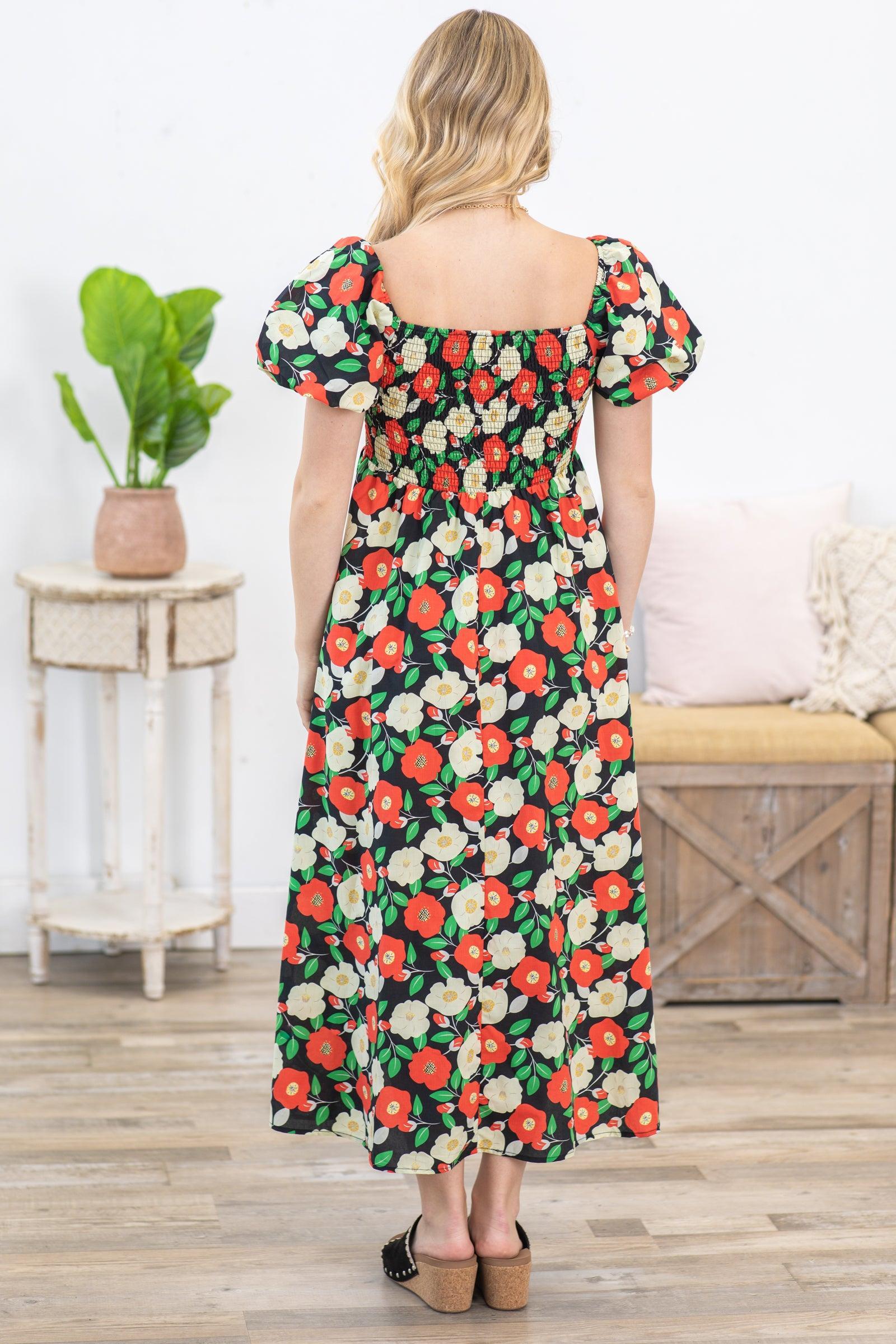 Black Floral Puff Short Sleeves Midi Dress Product Image