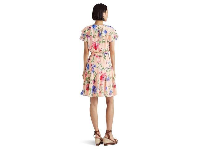 LAUREN Ralph Lauren Petite Floral Belted Crinkle Georgette Dress (Pink Multi) Women's Clothing Product Image