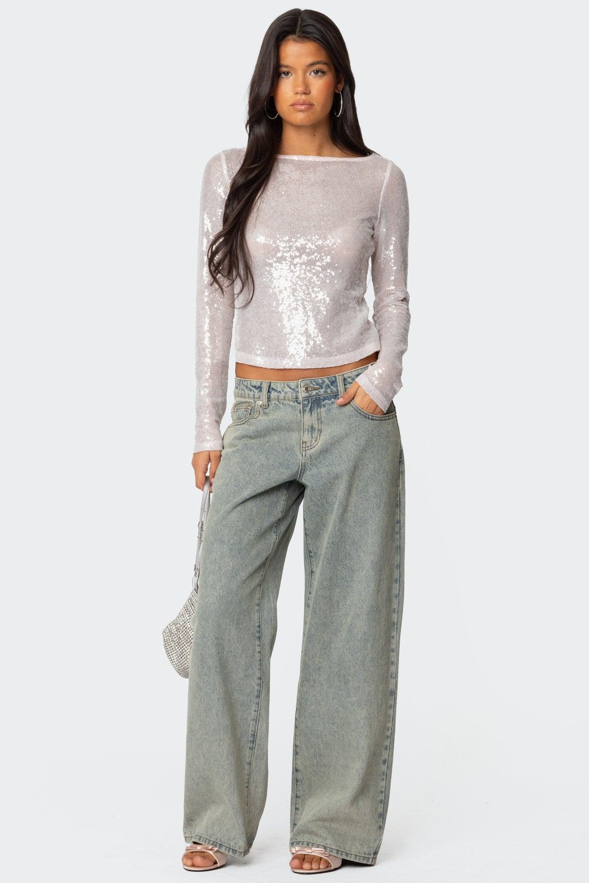 Sheer Sequin Boat Neck Top Product Image