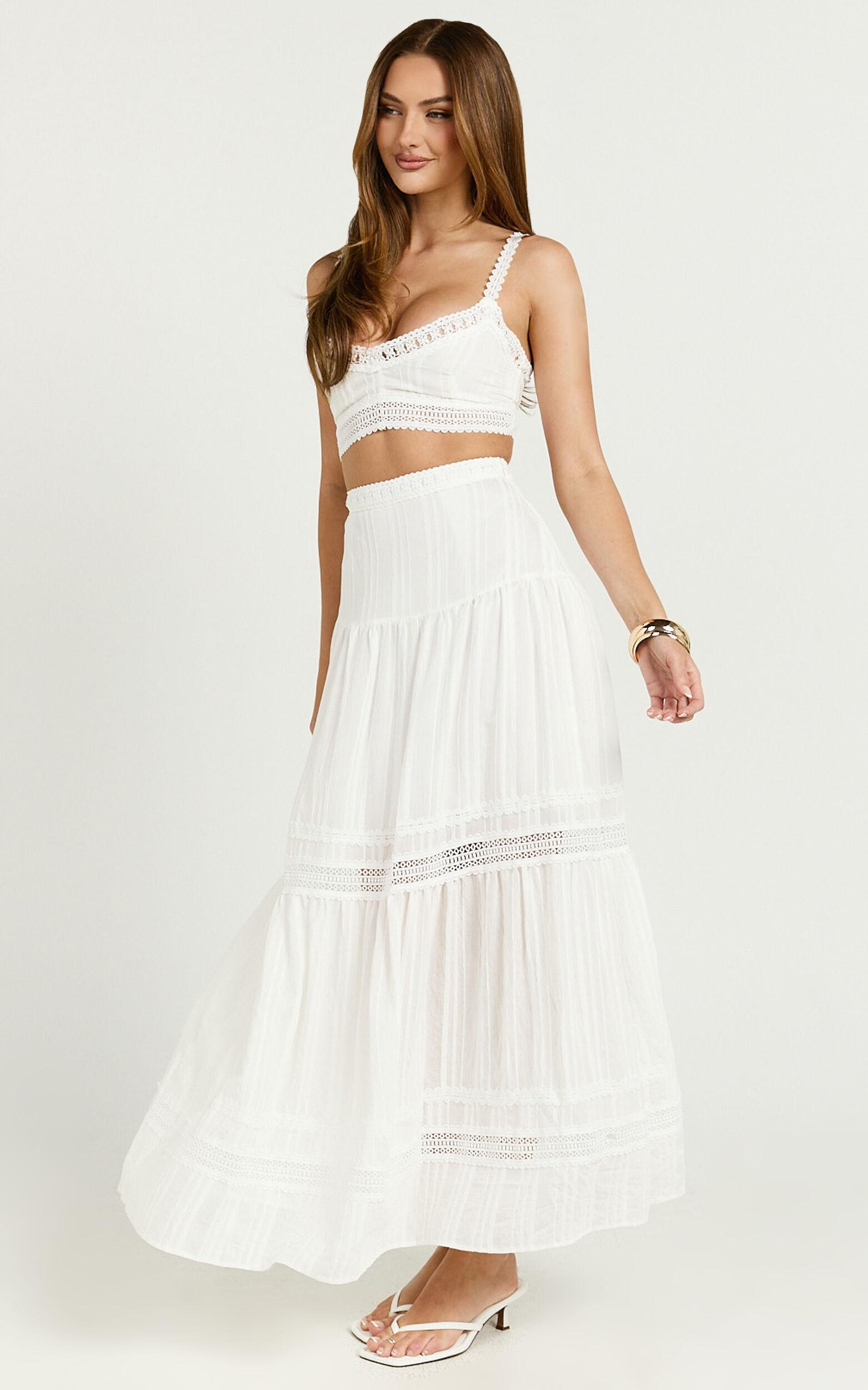 Kamiko Two Piece Set - Lace Trim Sweetheart Top and Lace A Line Skirt in White Product Image