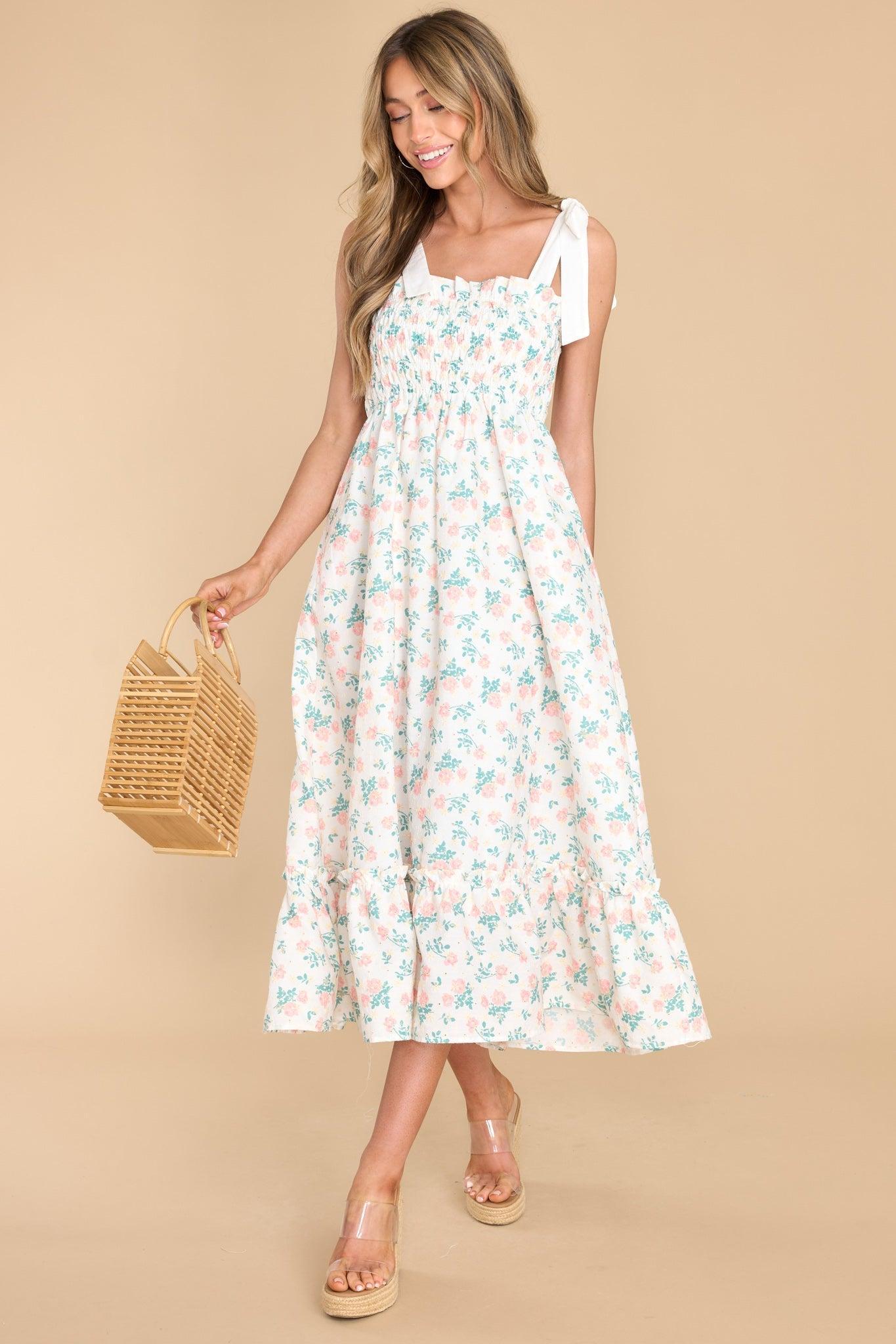 Camera Shy Peach Floral Print Cotton Midi Dress Product Image