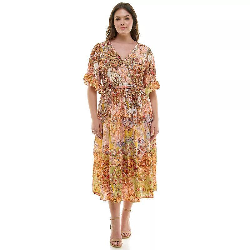 Plus Size Figueroa & Flower Printed V-Neck Tiered Maxi Dress, Womens Ivory Pink Product Image