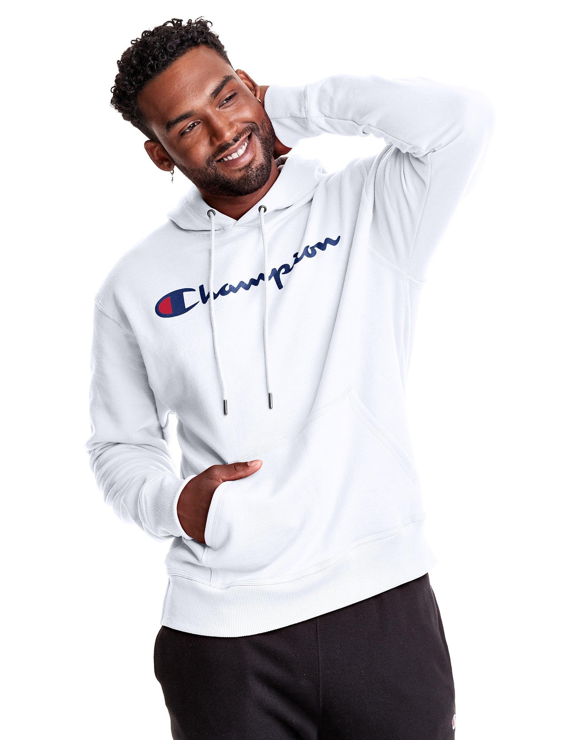 Mens Champion Powerblend Hoodie, Script Logo Navy XL Product Image