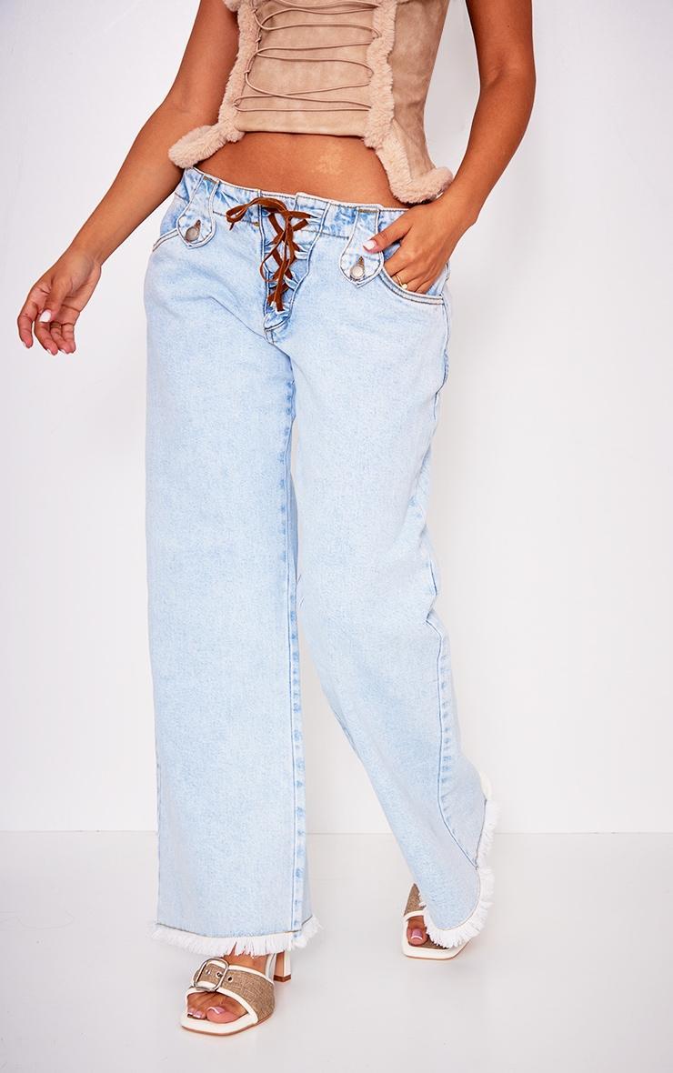 Petite Light Blue Wash Low Rise Lace Up Wide Leg Jeans Product Image