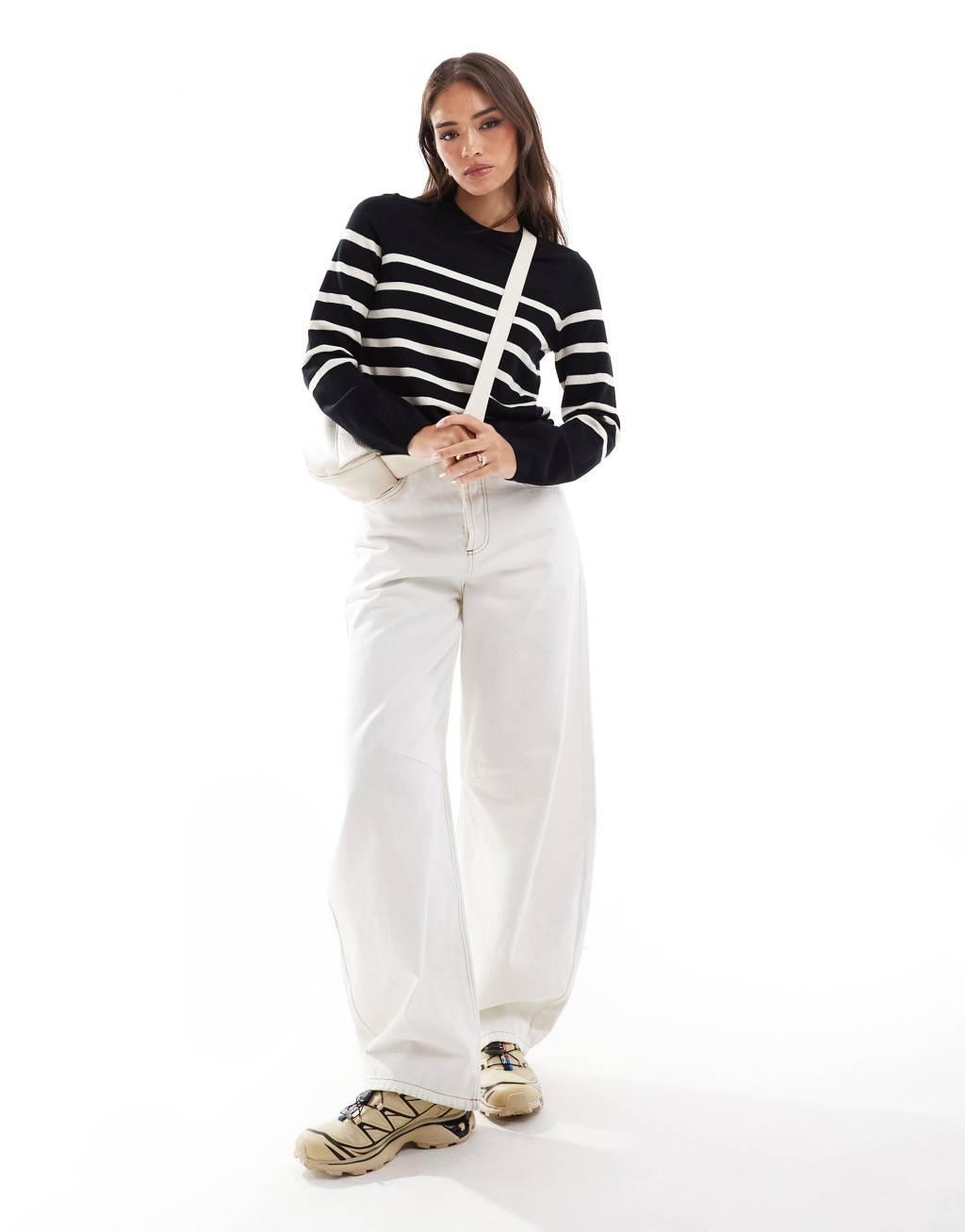 Vero Moda crew neck sweater in black with cream stripes Product Image