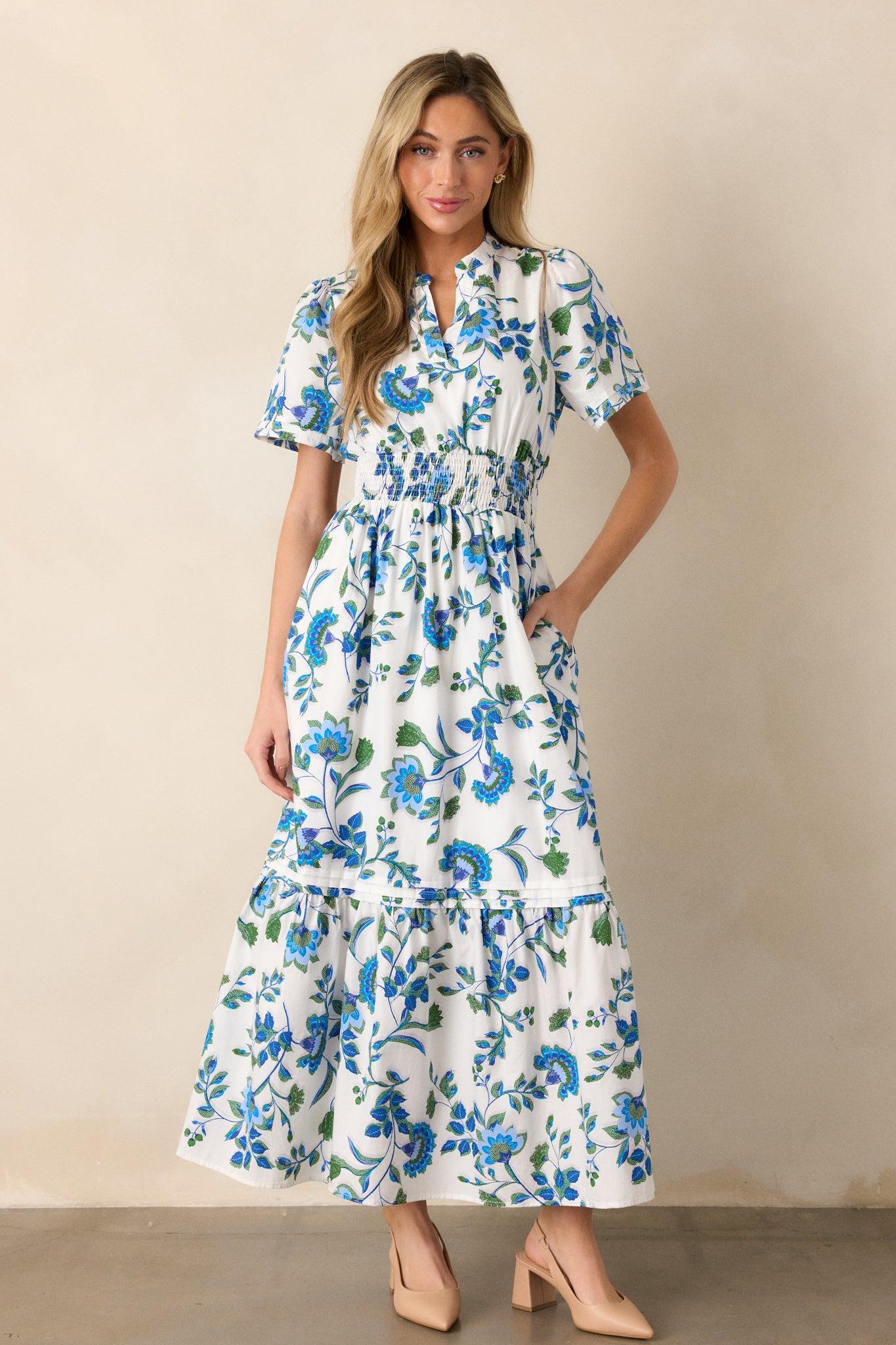 Only Bliss 100% Cotton Blue Floral Maxi Shirt Dress Product Image