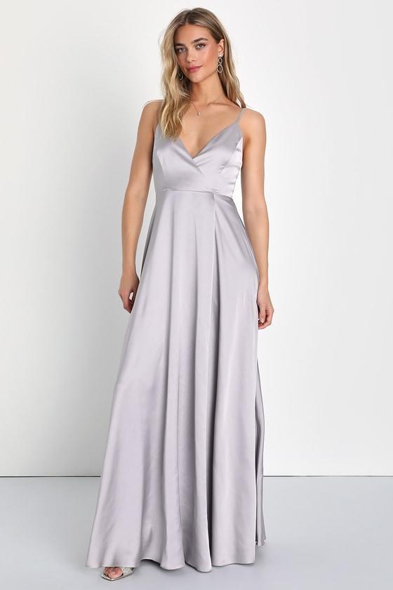 Ode To Love Silver Satin Maxi Dress Product Image