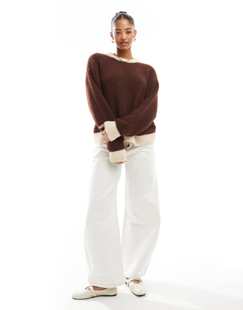 ASOS DESIGN wool blend fluffy knitted sweater in chocolate brown Product Image