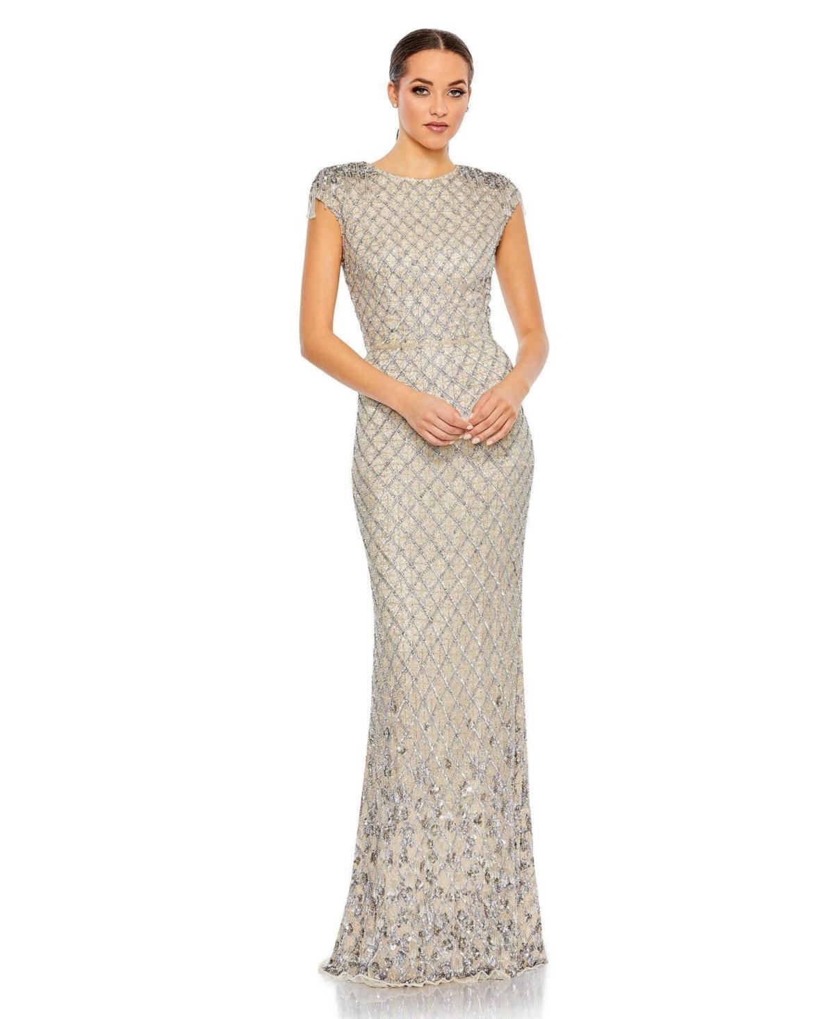 Womens Crystal-Embellished Cap-Sleeve Column Gown Product Image