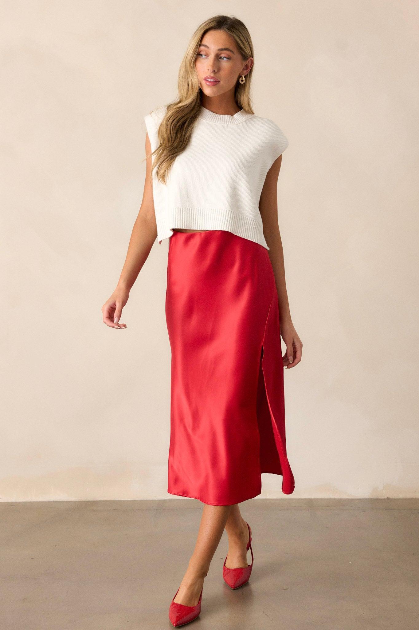 Park Avenue Glam Red Satin Midi Skirt Product Image