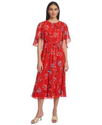 Calvin Klein Womens Floral-Print Draped-Sleeve Dress Product Image