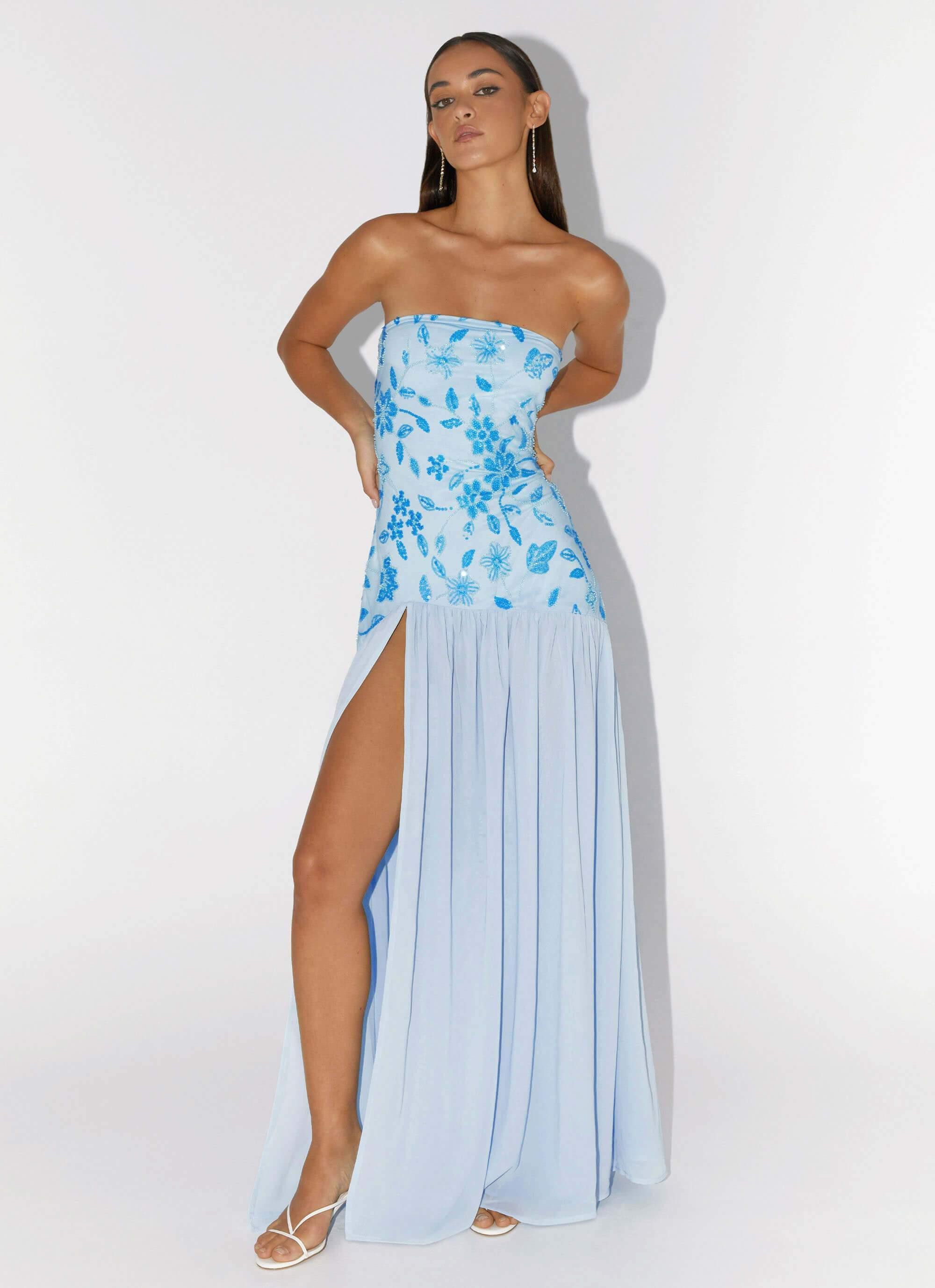 Eden Strapless Beaded Maxi Dress - Blue Product Image