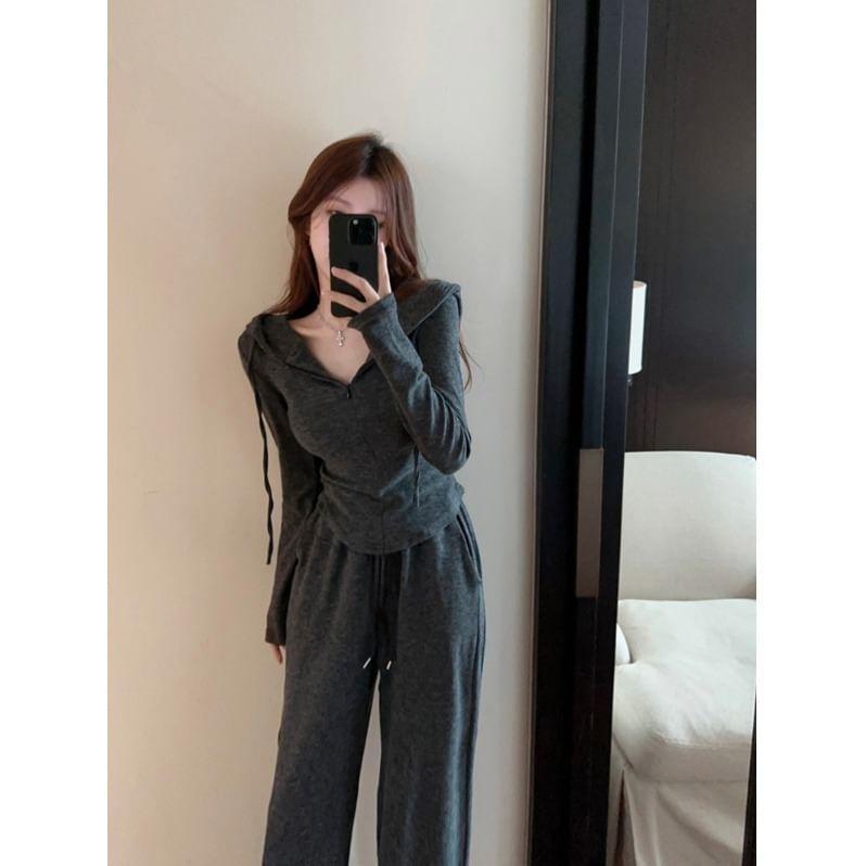 Long-Sleeve Hooded Plain Half Zip Tee / Mid Rise Plain Wide Leg Pants Product Image