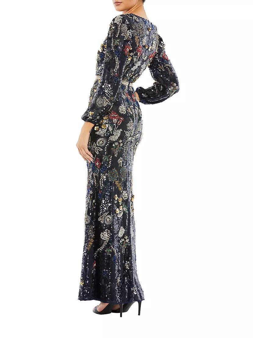 Embellished Wrap-Over Bishop-Sleeve Gown Product Image