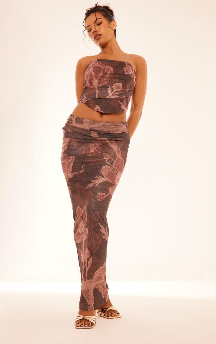 Brown Floral Printed Ruched Maxi Skirt product image