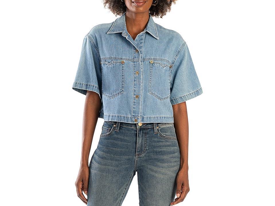 KUT from the Kloth Birdie - Short Sleeve Button Down Crop Shirt (Medium Wash) Women's Clothing Product Image