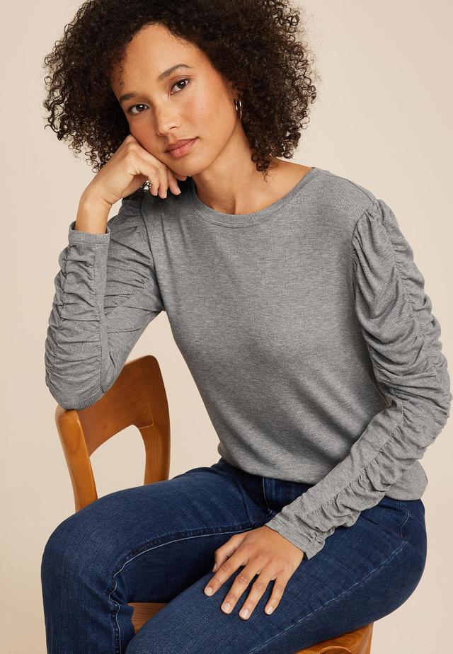 Maurices Womens X Small Size Pleated Puff Long Sleeve Tee Gray Product Image