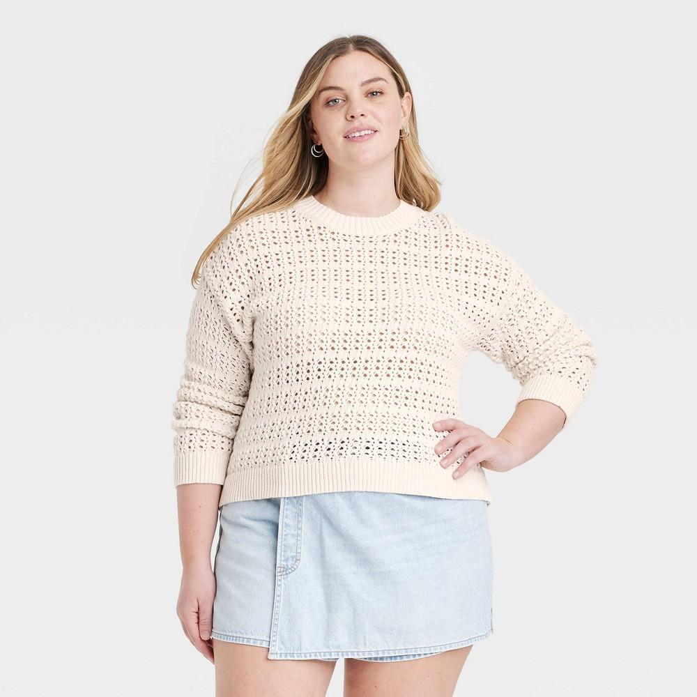 Womens Openwork Crewneck Pullover Sweater - Universal Thread Cream 3X Product Image