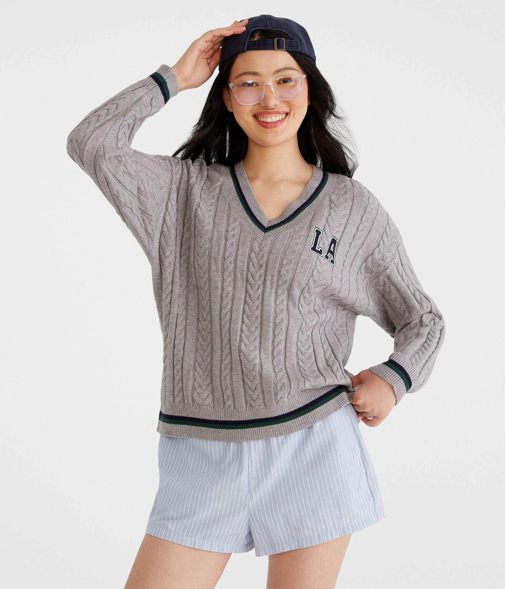 City Oversized Cable V-Neck Sweater Product Image