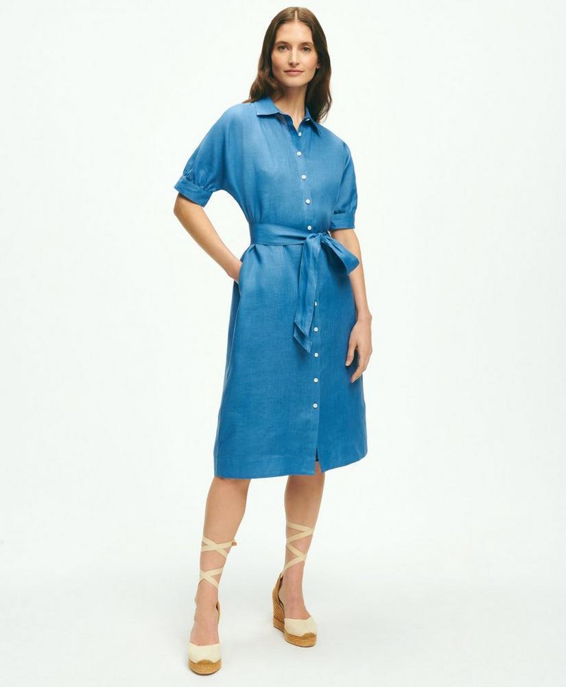 Puff Sleeve Belted Shirt Dress In Linen Product Image