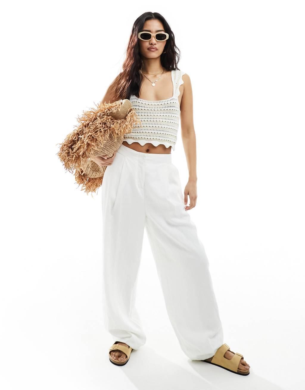 ASOS DESIGN crochet crop top with square neck in neutral stripe Product Image