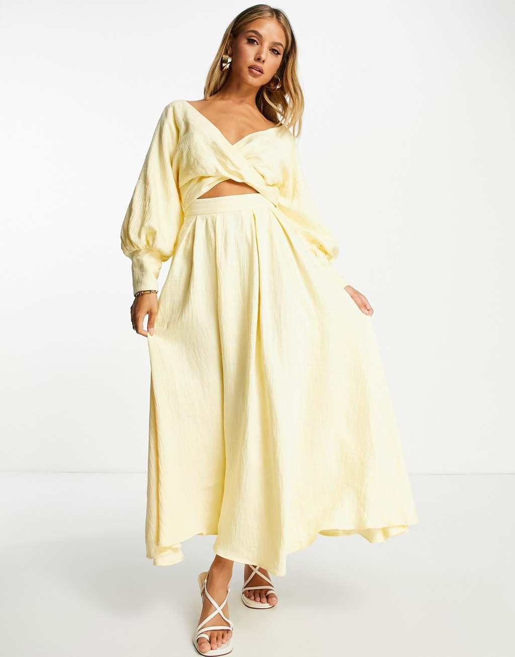 ASOS EDITION wrap bodice midi dress with full skirt in lemon Product Image